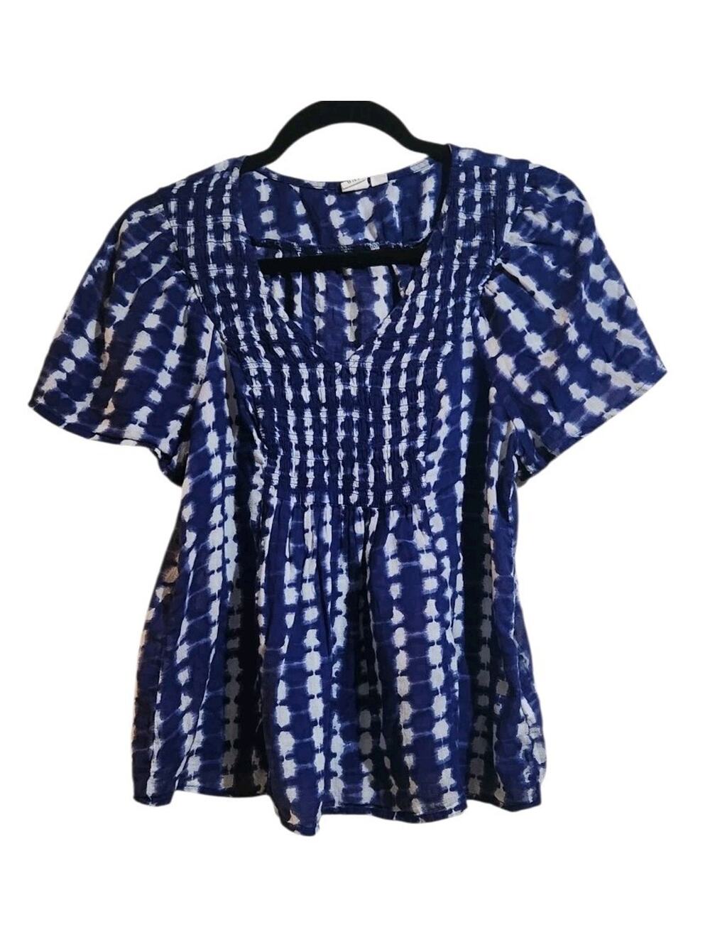 Smocked Navy Blue & White Flowy Top S Gap Lightweight Cotton Blouse Beachy Coast